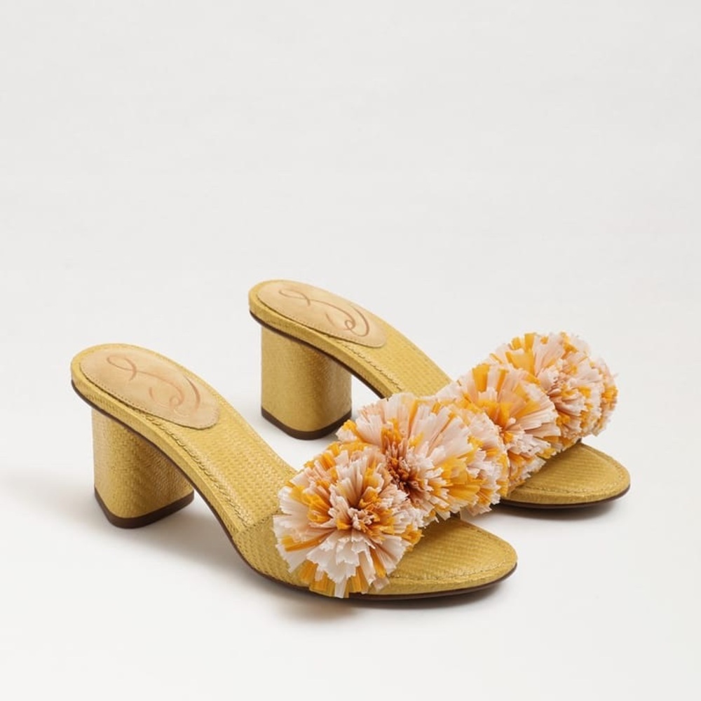 Sam Edelman Olia Raffia Pom Pom Block Heel Mule Yellow Size 8 NWOT